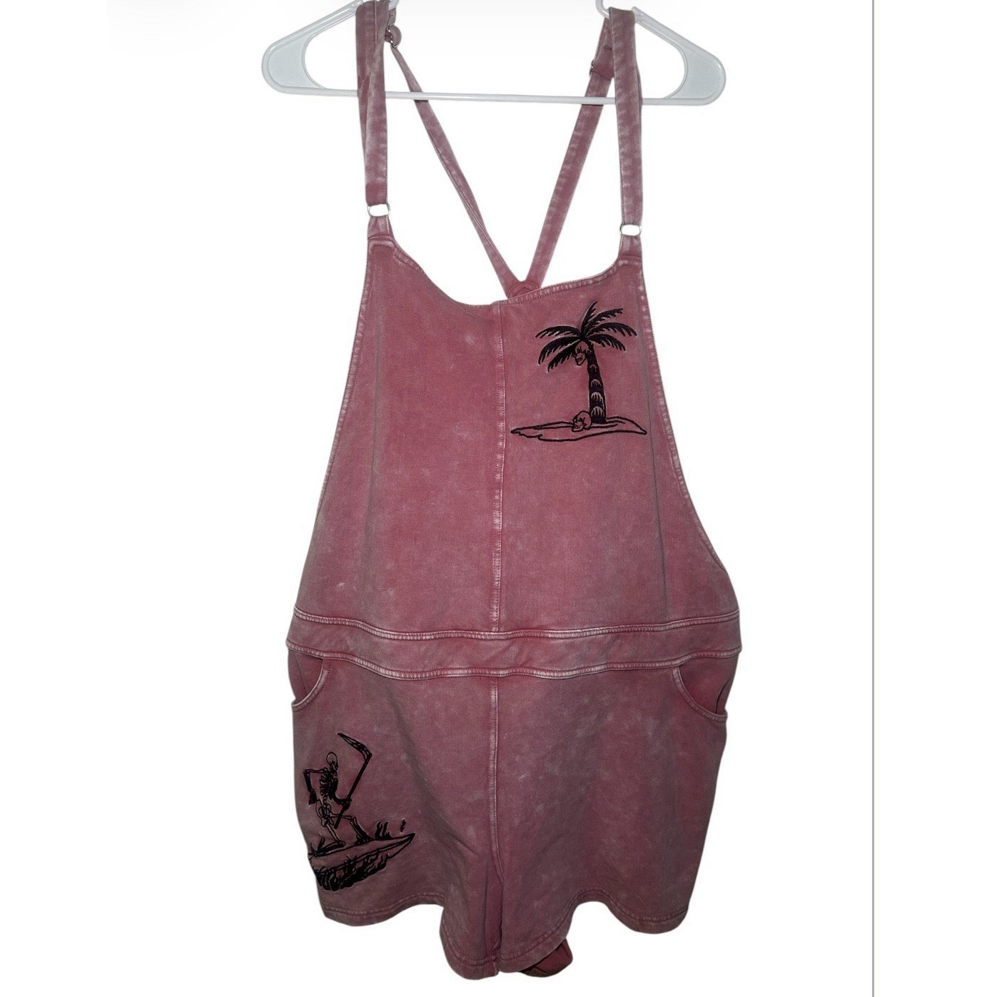 Love Sick Pink Acid Wash Embroided Pirate Ship Skeleton Overall 3xl Festival